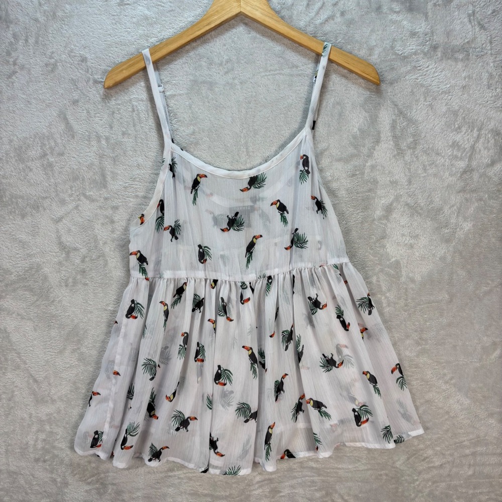 Torrid Toucan Print‎ Tank Top Size 00 M/L Sleeveless White Casual Tropical Bird